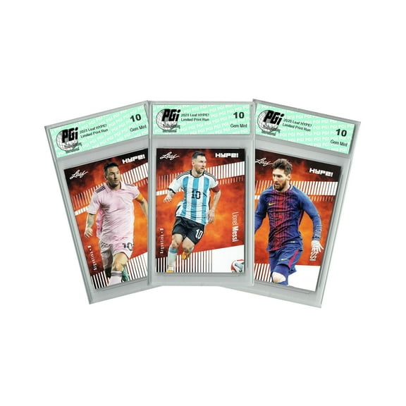 3-Card Lot Lionel Messi 2020-23 Leaf Hype! Argentina, Barcelona, and Inter Miami Cards All PGI 10