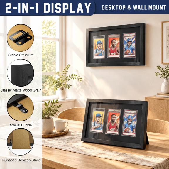 3-Card Wooden Sports Trading Card Display Frame with Tempered Glass