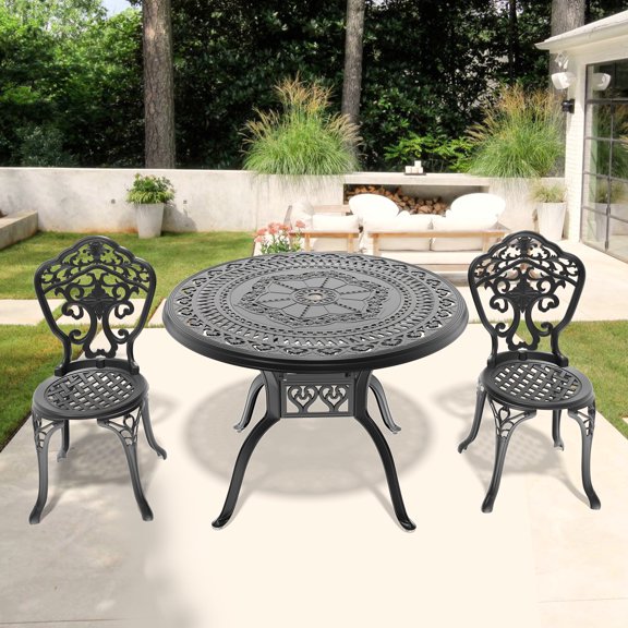 3 Cast Aluminum Dining , Black, Stylish Design, Construction, Pa66 Nylon Foot Pad, Seats 2 Patio Arrangement, Craftsmanship, Comfortable Seating,