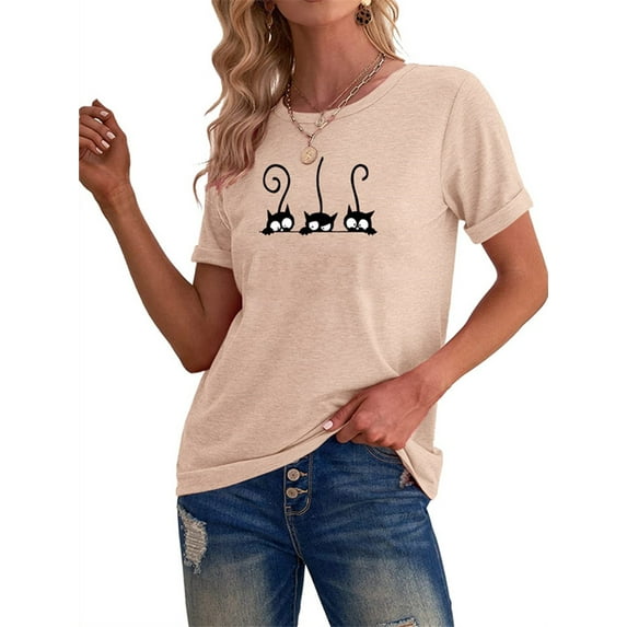 3 Cats Print Cute Short Sleeve T-Shirt For Women
