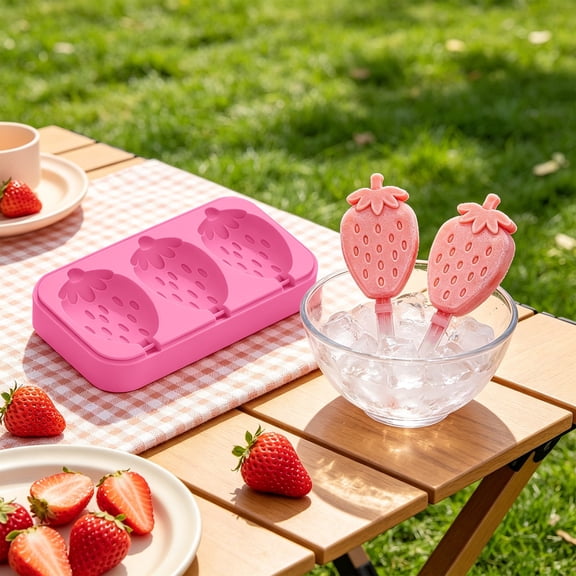 3-Cavity Popsicle Mold, Strawberry Silicone Ice Cream Mold with Lid, Reusable Ice Pop Maker with Sticks, Easy Release Mold, Non-Stick Easy Release Mold for Summer Parties & Home Use 7.6×4.24 in,Pink