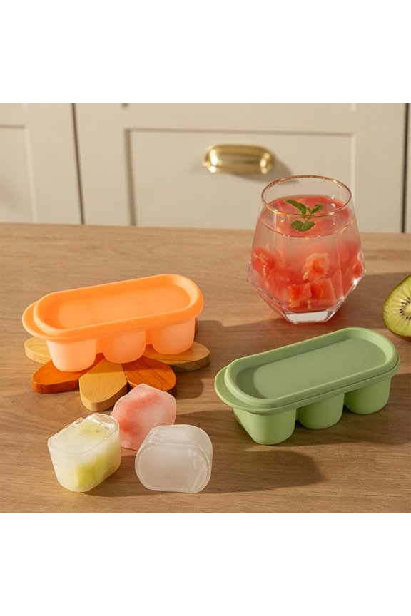 3-Cavity Silicone Ice Tray with Lid, Food-Grade BPA-Free Silicone Stackable Tight-Seal Lid, Easy Release Ice Mold for Freezer Whiskey Cocktails Iced Coffee, Orange