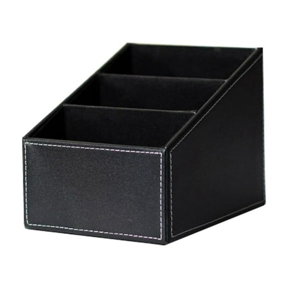 3 Cells Phone Holder PU Leather Storage Box Stationery Makeup Cosmetic Organizer Desk Decor (Black)