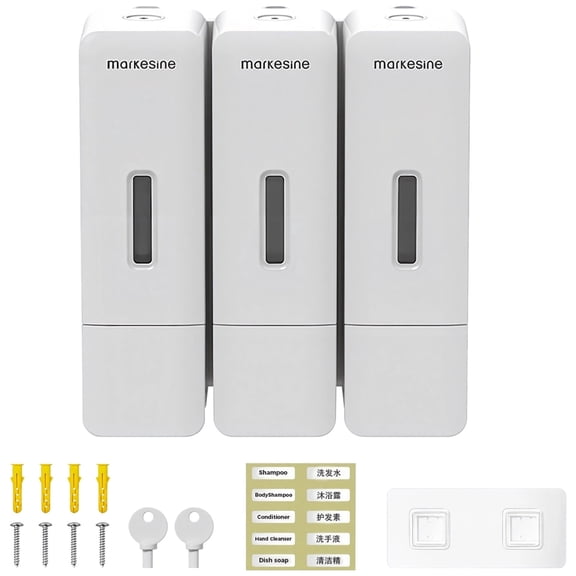 3 Chamber Shampoo And Conditioner Dispenser, Wall Mount Shower Dispenser, 3 x 300 ml, Drill-Free, Press Soap Dispenser for Bathroom, Hotel, Pearl White