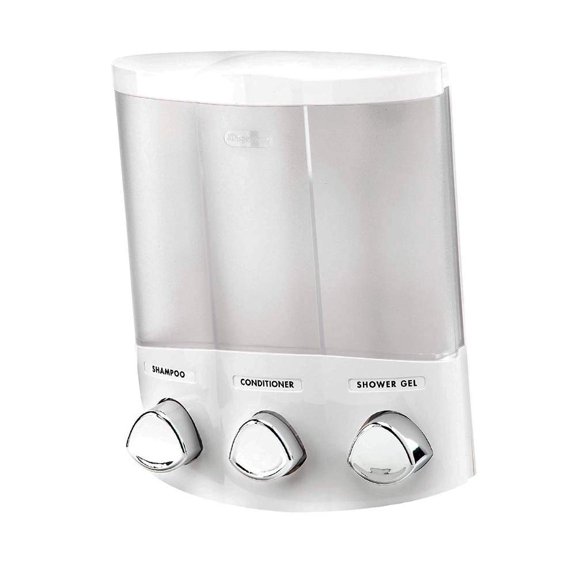 3-Chamber Soap and Shower Dispenser White, Wall Mounted ABS Plastic Dispenser with Push Button for Bathroom Shower, 14.7 fl. oz per Chamber