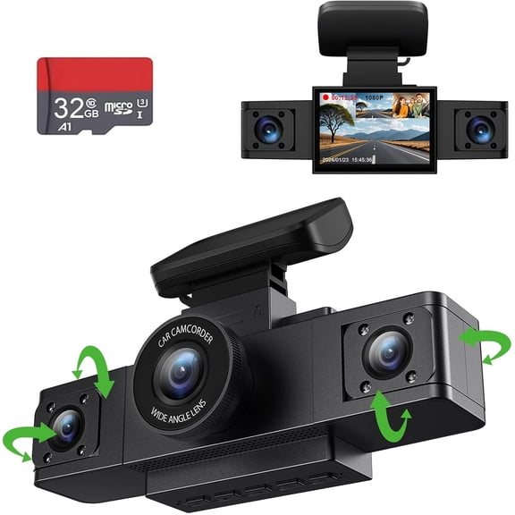 3  1080P Dash Cam Front and Inside Left/Right,  32G Card, Dash Camera Loop Recording, Triple Camera for  24 Hours/7 Parking , Wide Angle, IR Night Vision, with G-Sensor, Black