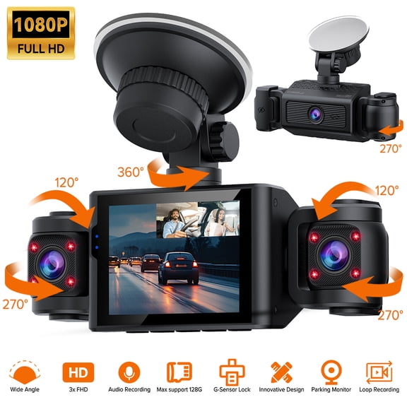 3 Channel 1080P Dash Cam with 2.4 inch Screen, Dash Cam Front and Inside Triple Dash Cam with 24Hr Parking Front Rear IR Night Vision Car Driving Video Recorder Car DVR Loop Recording