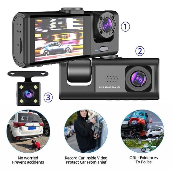 3 Channel 1080P Dash Cam, Front, Rear & Inside Car Camera, 64GB Memory, Night Vision, G-Sensor, WiFi