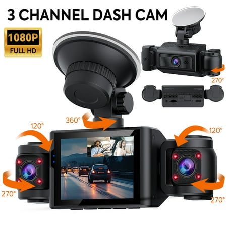 3 Channel 1080P Triple Dash Cam Front & Inside, 2.4 Inch IPS Screen, 4 IR Night Vision, WDR, 24Hr Parking Monitor, G - Sensor, 1 - 5 Min Loop Record, Reversing Assist, Plug and Play