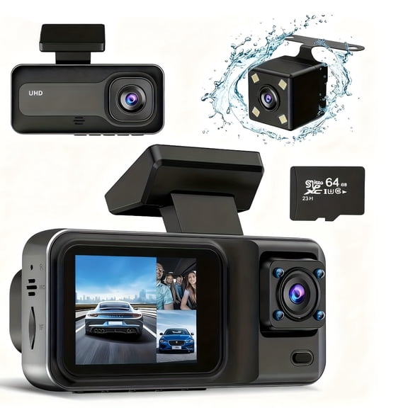 3 Channel 2K Dash Cam with 64GB Card, 1080P Front/Rear/Inside Camera, Super Night Vision, Loop Recording, G-Sensor, Parking Mode
