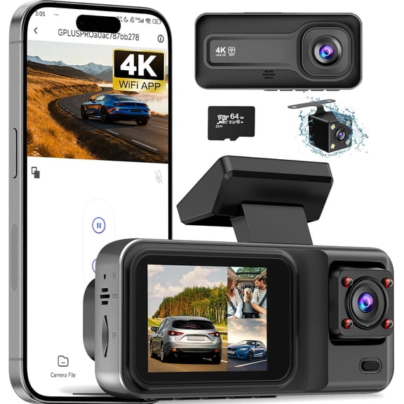 3 Channel 4K Dash Cam with 5GHz WiFi & APP Control, 4K+1080P+1440P Dash Cam Front and Rear Inside with 64GB Card, Dash Camera for Cars with Night Vision, Loop Recording, 24H Parking Mode, G-Sensor