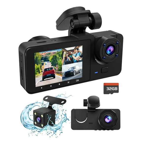 3 Channel 4K Dash Cam, Dash Cam Front and Rear Inside, Dash Camera for Cars, Triple Car Camera with 32GB Card,Built-in G-Sensor, 2'' IPS Display Car Camera,Loop Recording,24Hr Parking,Night Vision