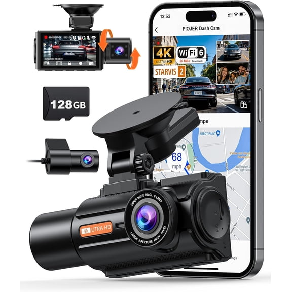 3 Channel 4K Dash Cam with STARVIS 2, 128GB Card Included, WiFi 6, GPS | Front 4K, rear 2K and inside 1080P recording, 20MB/s app downloads, IR night vision, 24H parking mode, G-sensor