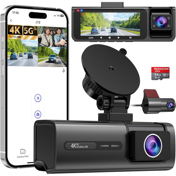 3 Channel 5G WiFi Dash Cam, 4K+1080P+1080P Dash Cam Front and Rear with 64GB Card, Dash Camera for Car with HDR IR Night Vision, G-Sensor, 24/7 Parking Mode, WDR, Support 128GB Max - Black