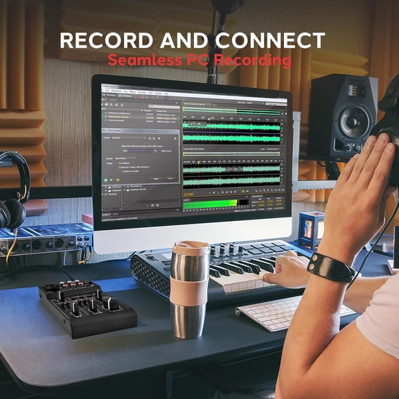 3-Channel Audio Mixer DJ Sound Controller & USB Soundcard Interface for PC Recording, XLR & 3.5mm Mic Input, In/Out, 18V Power Professional & Beginner DJ Mixer