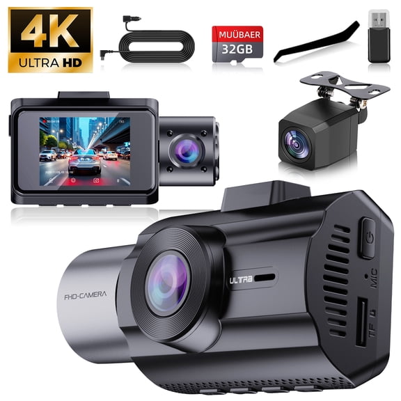 3 Channel Dash Cam, 4K/1080P+1080P Dash Cam Front and Rear Inside, Dash Camera for Cars, Triple Car Camera with 32GB Card, G-Sensor, 24Hr Parking, Loop Recording, IR Night Vision, Blue