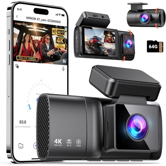 3 Channel Dash Cam: 4K+1080P+1080P-Dash Cam Front and Rear Inside with Free 64GB Card & 5GHz WiFi - Camera for Cars IR Night Vision APP Control Parking Mode G-Sensor Loop Recording(X7)