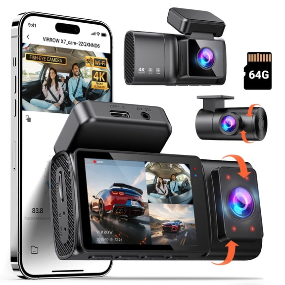 3 Channel Dash Cam: 4K+1080P+1080P-Dash Cam Front and Rear Inside with Free 64GB Card & 5GHz WiFi - Dash Camera for Cars with IR Night Vision APP Control Parking Mode G-Sensor Loop Recording(X7)