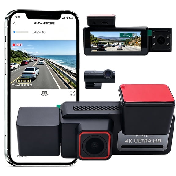3 Channel Dash Cam 4K+1080P+1080P Front Inside Rear Triple Recording, 3.18 Inch Screen WiFi Car Dash Camera, Wide Angle, Loop Recording, G-Sensor, 24H Parking Monitor Vehicle Driving Recorder