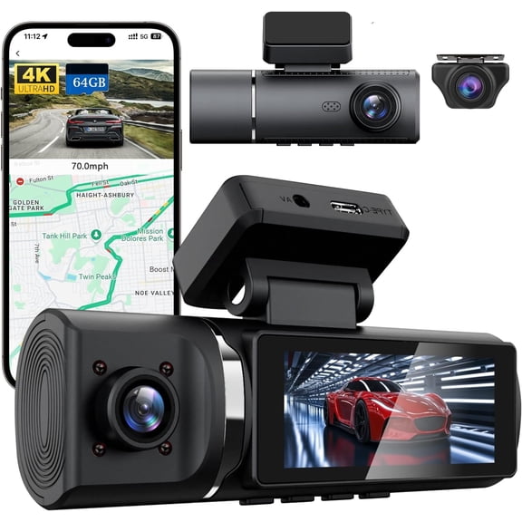 3 Channel Dash Cam,4K+1080P+1080P Front and Rear Inside, D3 Dash Camera for Cars, Free 64GB SD Card,Super Night Vision,Voice Control,WDR,Built-in WiFi&GPS,G-Sensor