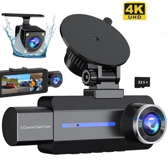 3 Channel Dash Cam, 4K/2.5K+1440P Dash Cam Front and Rear Inside, Dash Camera for Cars, Triple Car Camera with 32GB Card, G-Sensor, 24Hr Parking, Loop Recording, IR Night Vision, Blue