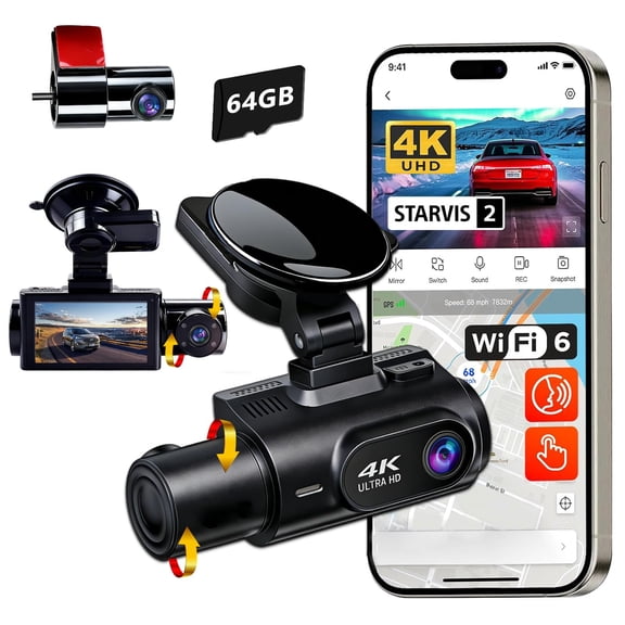 3 Channel Dash Cam 4K+2K+2K, 170 Ultra Wide Angle Triple Car Camera, Pro Night Vision, 5GHz High-Speed WiFi (2.4X Faster), GPS, G-Sensor, 24H Parking Mode, 64GB Card Included JMKANGMA