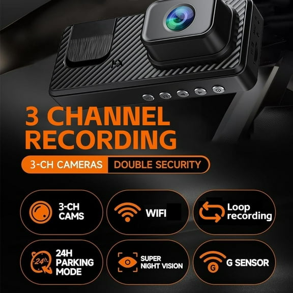 3 Channel Dash Cam with 64GB Card, WiFi Triple Lens Car Camera with Night Vision, Loop Recording, G-Sensor, Parking Mode, 1080P FHD Front Inside Rear Dashcam