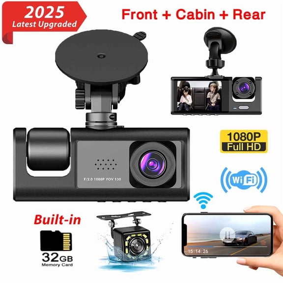 3-Channel Dash Cam for Cars, 1080P Ultra HD Front & Inside & Rear Recording with Loop Recording, Night Vision, 2 Inch IPS Screen - Black Car DVR Black Box