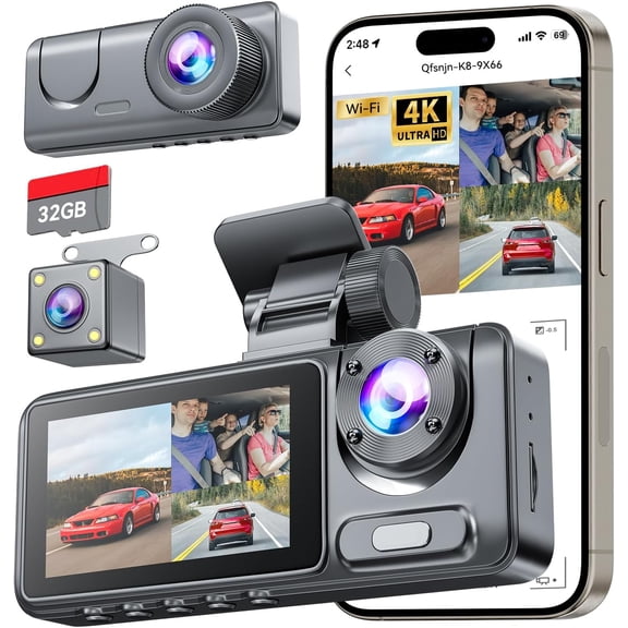 3 Channel Dash Cam for Cars Front Rear Inside, 4K WiFi Dash Cam w/ 32GB Card, 2.0" IPS Screen Dashboard Camera Recorder with App Control, G-Sensor, Loop Recording, Night Vision, Parking Monitor