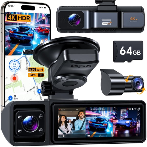 3 Channel Dash Cam, Dash Cam Front and Rear Inside, 5.8GHz WiFi Built-in GPS, Free 64GB Card, 3.2" IPS Screen, 4k Dash Camera for Cars, IR Night Vision, 24H Parking Mode, G-Sensor