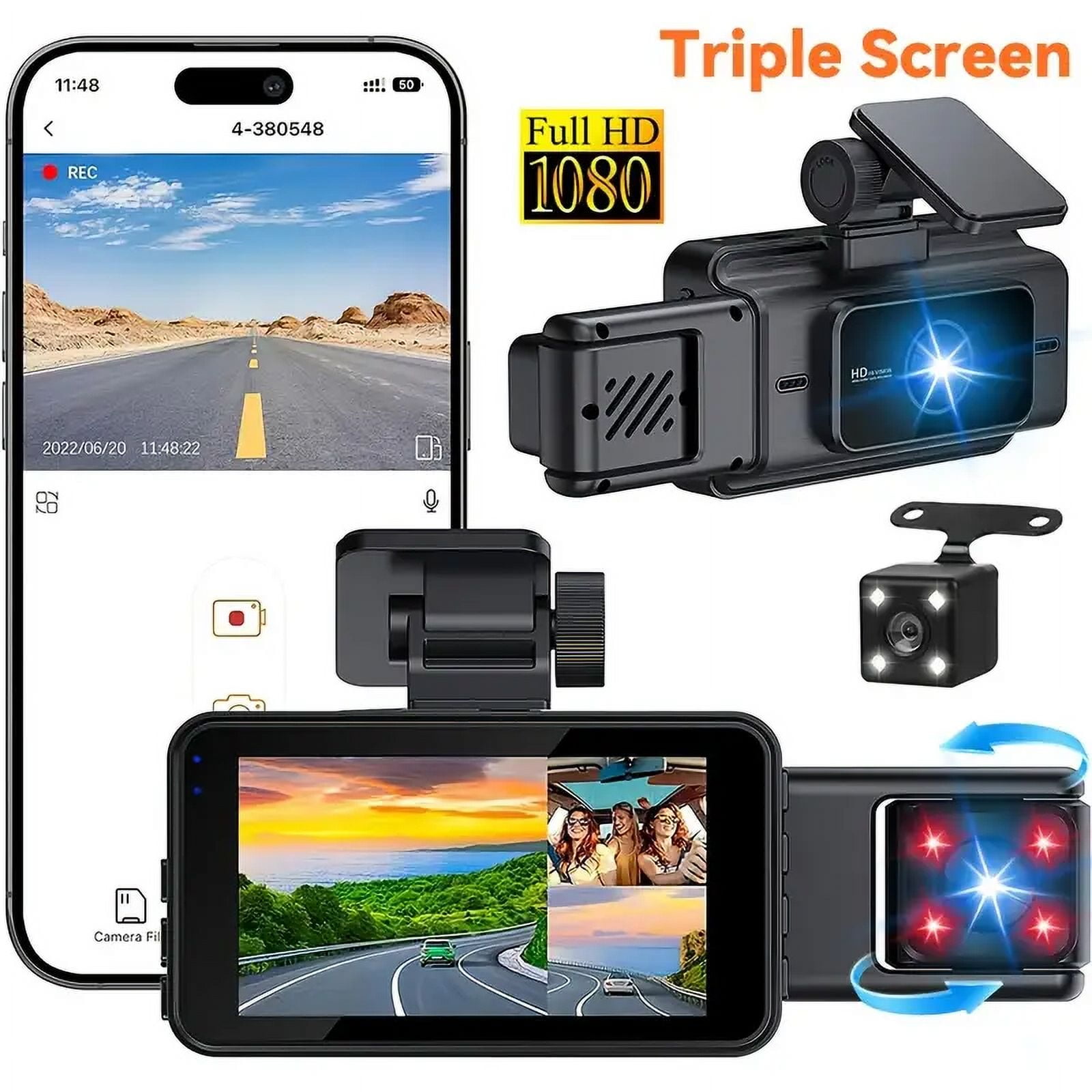 3 Channel Dash Cam Front Rear Inside Car Camera - 1080P Full HD, Night Vision, Free 64GB SD Card, Parking Mode 2 thumbnail image