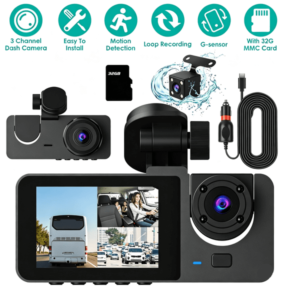 3 Channel Dash Cam Front Inside Rear Vehicle Driving Recorder Car DVR with 32G MMC Card G Sensor Motion Detection Parking Monitor Loop Recording