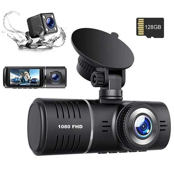 3 Channel Dash Cam Front and Rear, 1080P Dash Camera for Cars, 2.5" IPS Screen Three Way Dashcam with Night Vision, G-Sensor, Loop Recording, 24Hr Parking, DVR, with 128GB Card