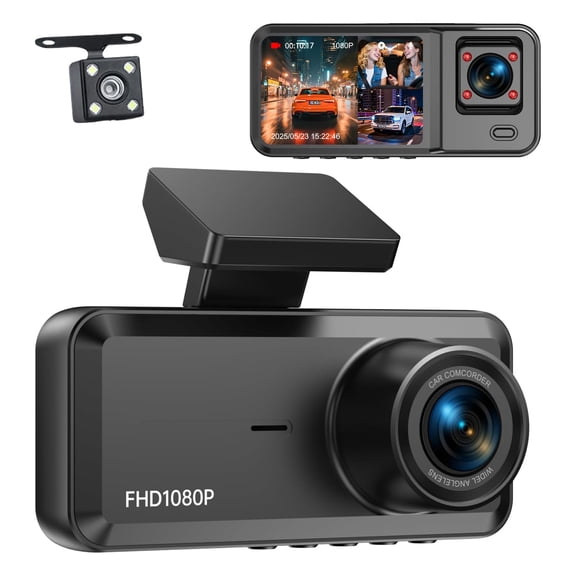 3 Channel Dash Cam Front and Rear, 1080P Dash Camera for Cars, Dashcam Three Way Triple Car Camera with IR Night Vision, Loop Recording, G-Sensor, HDR, 24 Hours Recording