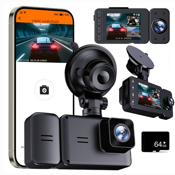 3 Channel Dash Cam Front and Rear Inside, 1080P Dash Camera for Cars, Dashcam Three Way Three Car Camera with IR Night Vision, Loop Recording, G-Sensor, Support 64 GB Max