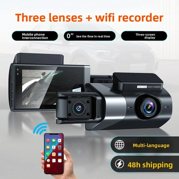 3 Channel Dash Cam Front and Rear Inside, 1080P WiFi Car Camera with 64GB Card, Night Vision, G-Sensor, Loop Recording, Dashcam for Uber Lyft SUV Truck
