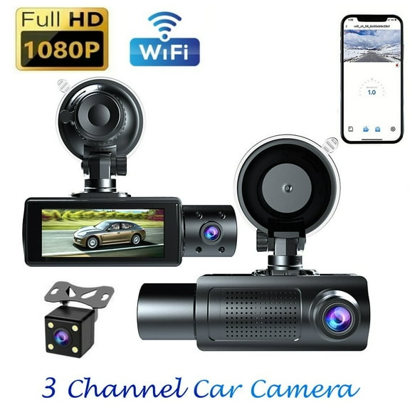 3 Channel Dash Cam Front and Rear Inside, 1080P WiFi Dash Camera for Car with 64GB Card, Night Vision, G-Sensor, Loop Recording, Dashcam for Uber Truck SUV