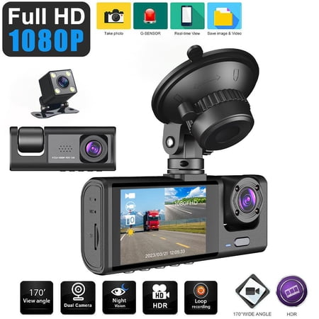 3 Channel Dash Cam Front and Rear Inside with 2" IPS Screen, 1080P Dashcam Three Way Triple Car Camera with IR Night Vision, Loop Recording, G-Sensor, Parking Monitor, 24 Hours Recording