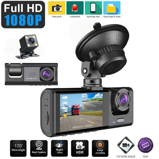 3Channel 1080P Dash Cam with Front, Rear, Inside View, Night Vision, G