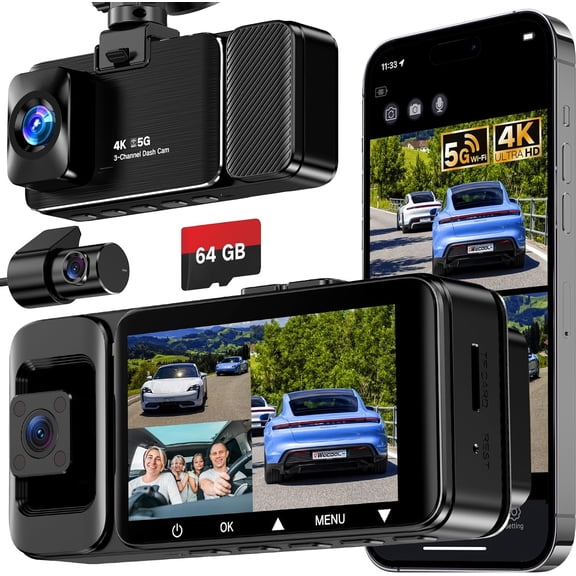 3 Channel Dash Cam Front and Rear Inside, 4K Ultra HD & 470 °   Wide-Angle Full-View Dash Camera for Cars with 64GB Card, 24H Parking Monitor, G-Sensor, Loop Recording, Night Vision, 5GHz WiFi