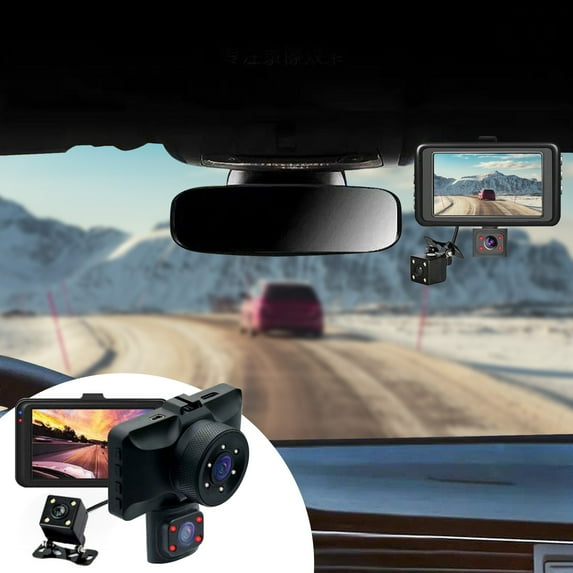 3 Channel Dash Cam - Front, Rear & Inside Car Camera, 1080P HD, 170°+120° Wide Angle, IR Night Vision, Loop Recording, Motion Detection, Parking Monitor, 3.0" Screen, Supports 64GB Card
