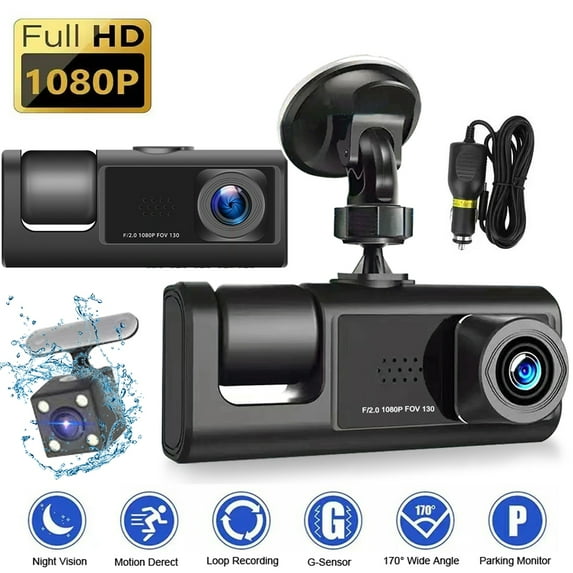 3 Channel Dash Cam Front and Rear Inside, Full HD 1080P Dash Camera for Cars, Giugt Dashcam Three Way Triple Car Camera with IR Night Vision, Loop Recording, G-Sensor, Parking Monitor, 24h Recording