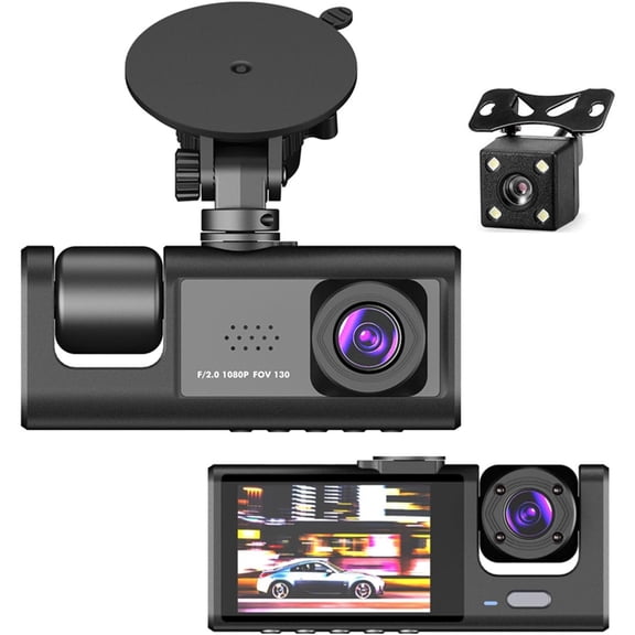 3 Channel Dash Cam Front and Rear Inside Full HD Triple Dash Camera 2.0 inch IPS Screen, 170 Wide Angle, Night Vision, Loop Recording, Parking Recording