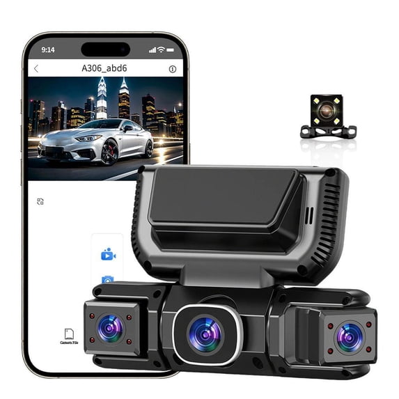 3-Channel Dash Cam Front Rear and Inside, 4-in-1 Car Camera with Built-in WiFi, Vision, FHD, 1080P Night G WDR Loop