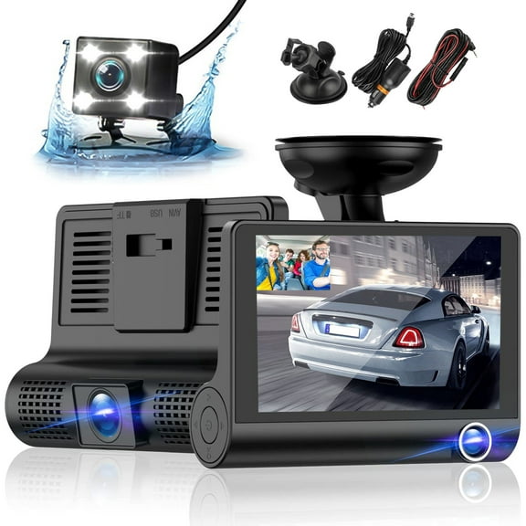 3 Channel Dash Cam for Cars, 1080P Full HD Dash Camera, Driving Recorder with Night Vision, G-Sensor, WDR - Black