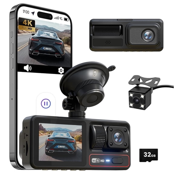 3 Channel Dash Camera for Cars,Triple Lens 4K+1080P+1080P Dash Cam Front Rear Inside,Built-in 5G WiFi & App, Night Vision,24H Parking Mode,Loop Recording,170 Wide Angle,32GB Card Included(Black)