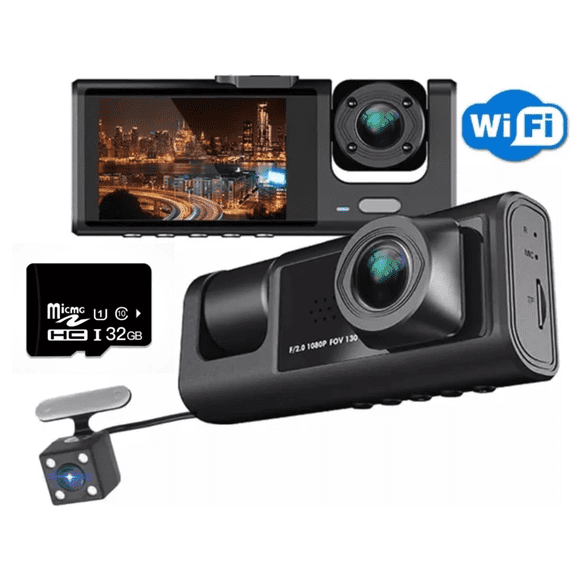 3 Channel Dash cam, 2-inch Screen Driving Recorder, High-Definition 1080P, Night Vision, Loop recording, Motion Detection, G-Sensor +32 GB SD Card