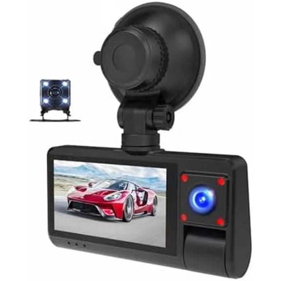 3 Channel Front and Rear Dash Cam with SD Card, 1080P HD, Night Vision, Loop Recording, Parking Monitor