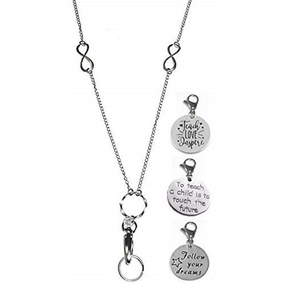 3 Charm Message Pack, Fashion Lanyard Necklace, Women's Super Strong Chain Lanyard for ID Badge Holder and Keys, 34" Long (Teacher Charms - Breakaway (Safer))