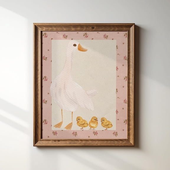 3 Chick, Pink Vintage Style Mother Duck Illustration Print, Art Print, Vintage Nursery Wall Art, Modern Wall Decor For Living Room, 12x18 UNFRAMED